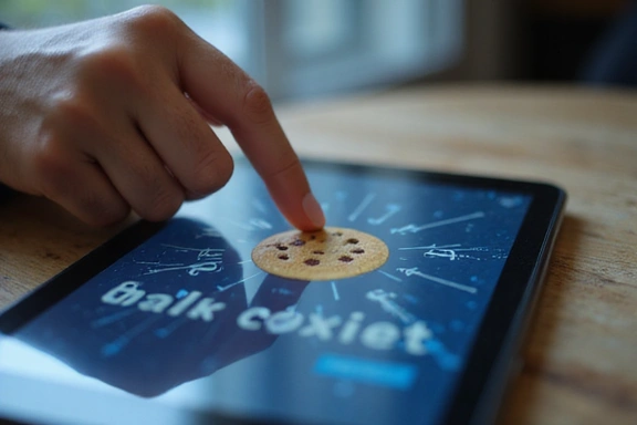 Eine Hand, die einen virtuellen Cookie auf einem Tablet-Bildschirm antippt, um die Zustimmung zu symbolisieren