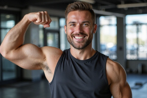 Ein Klient zeigt stolz seine verbesserten Muskeln und Fitness.
