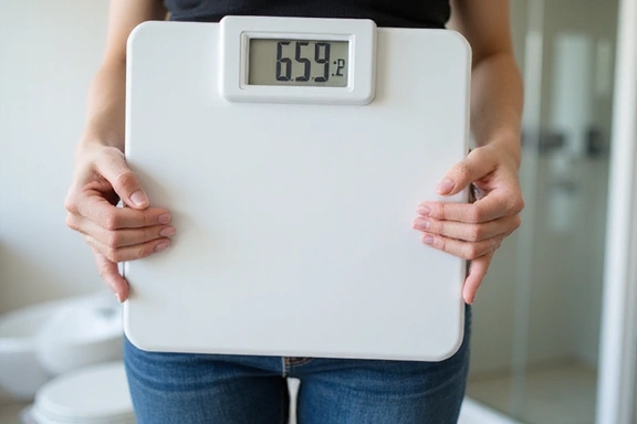 Eine Person hält eine Waage, die ein signifikantes Gewichtsverlust-Ergebnis anzeigt.