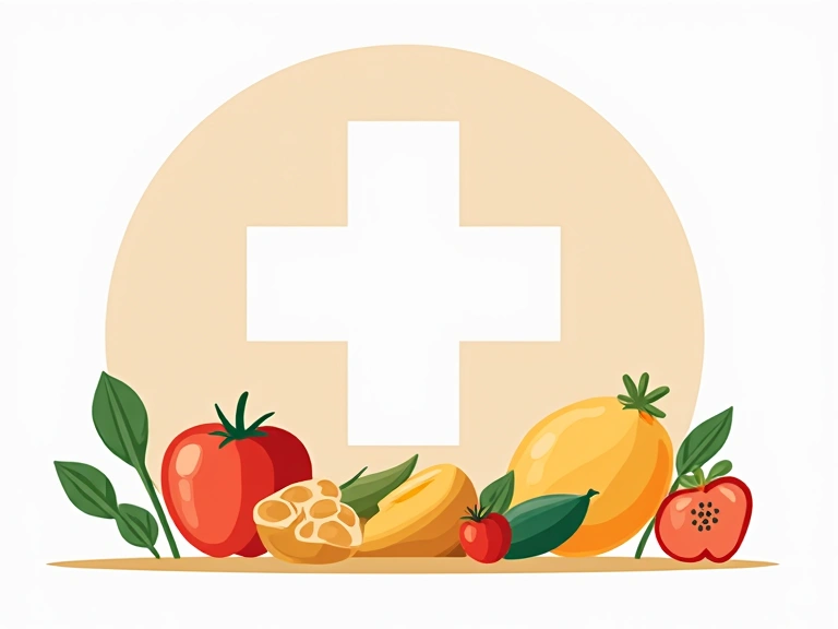 Subtiles medizinisches Kreuz kombiniert mit gesunden Lebensmitteln, klares Design.