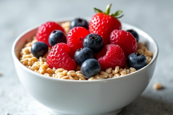 Eine Schale mit frischen Beeren und Haferflocken, symbolisiert ein gesundes Frühstück.